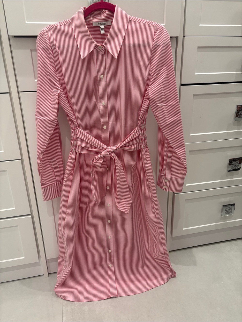 10 Crosby Derek Lam Pink Narrow-Stripe Button-Front Shirt Dress with Tie Waist